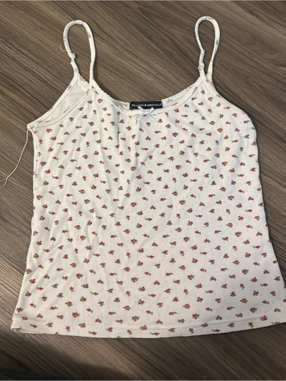Brandy Melville White Floral Ribbed Cami with Red Rose Print